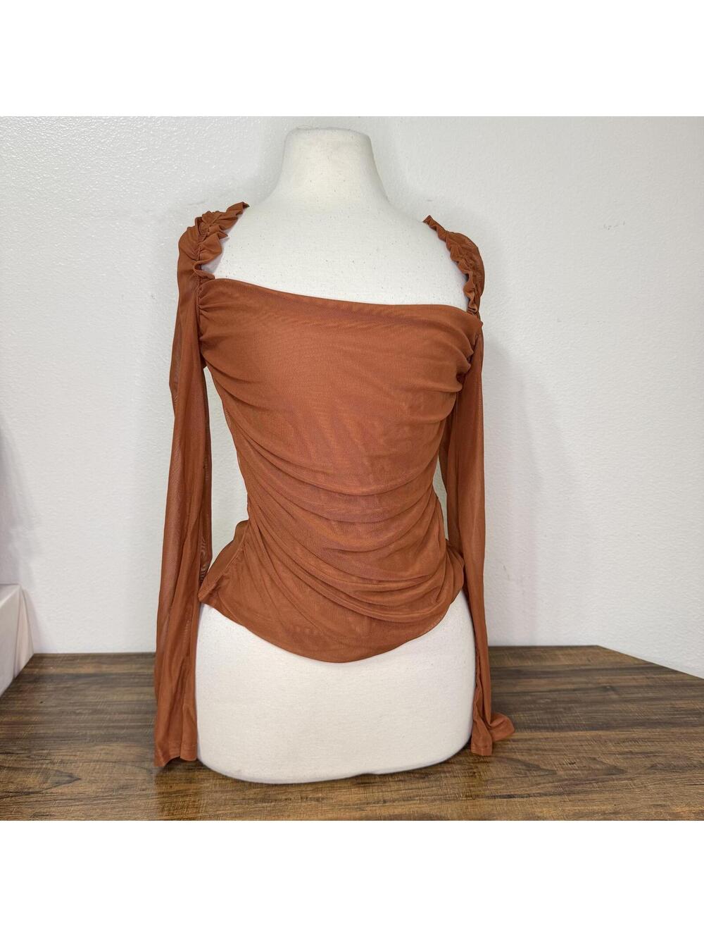 ChicMe Brown Ruched Off-Shoulder Long Sleeve Top Size L